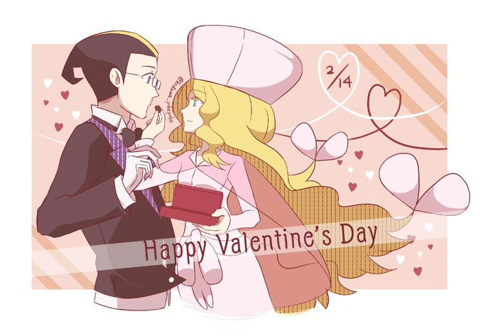1boy, 1girl, blonde_hair, bow, bowtie, box, caitlin_(pokemon), candy