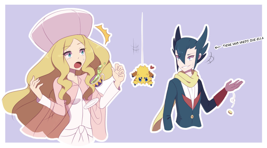 1boy, 1girl, blonde_hair, blue_eyes, blue_hair, caitlin_(pokemon), coin, cropped_torso, cup, dress, grimsley_(pokemon), heart, highres, joltik, long_sleeves, naelle_(pkmn_realidea), open_mouth, outline, pokemon, pokemon_(creature), pokemon_bw, scarf, see-through_cape, spanish_text, surprised, sweat, white_outline, yellow_scarf