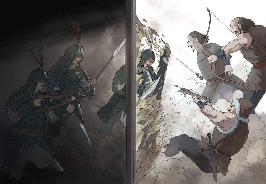 absurdres, aiming, armor, arrow_(projectile), bow_(weapon), breaking_through_wall, chang'an_shier_shichen, chinese_armor