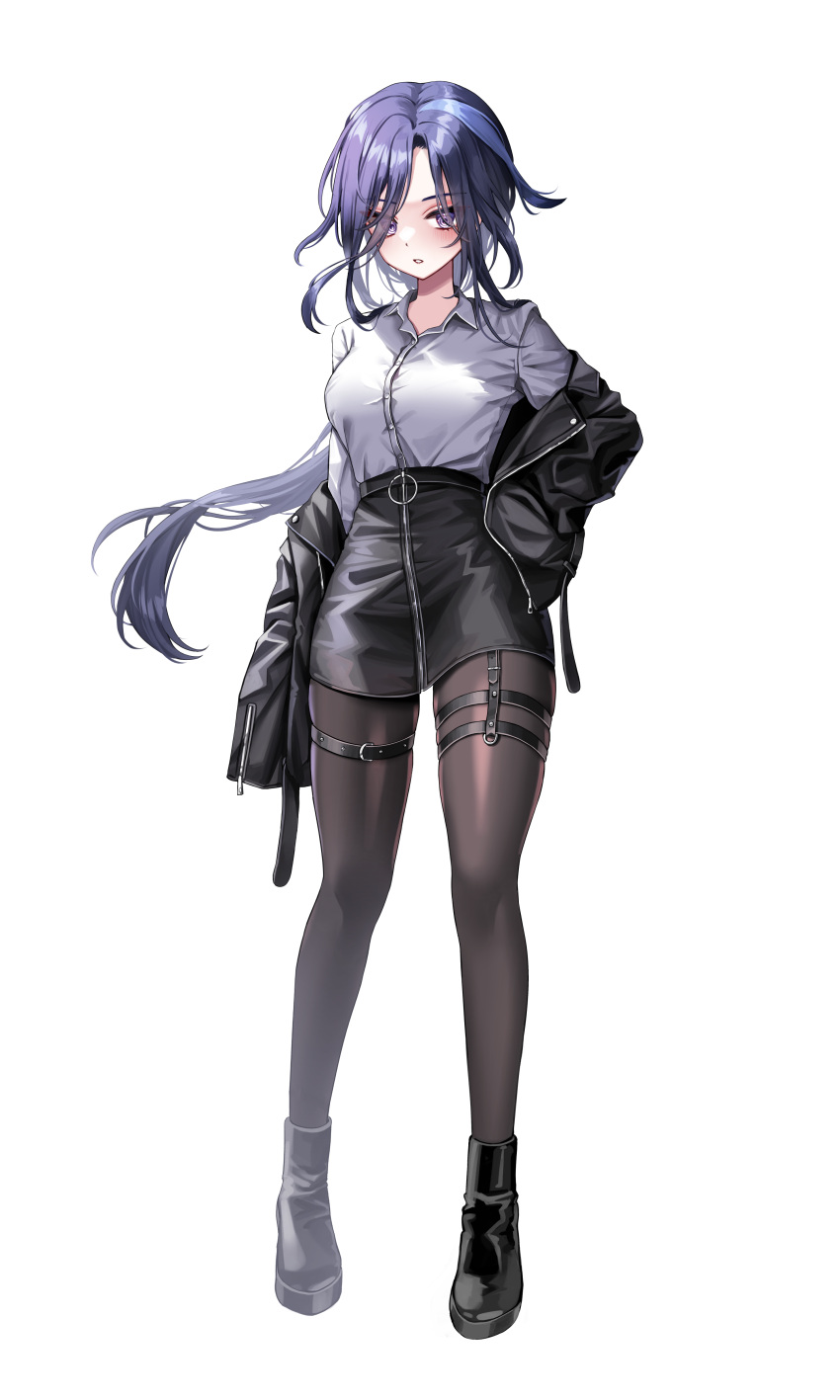 1girl, absurdres, adapted_costume, arm_at_side, black_footwear, black_jacket, black_pantyhose, black_skirt