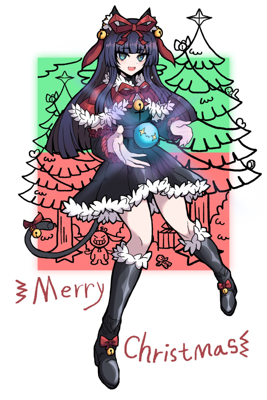 1girl, :d, animal_ear_fluff, animal_ears, bell, black_dress, black_sleeves, black_souls