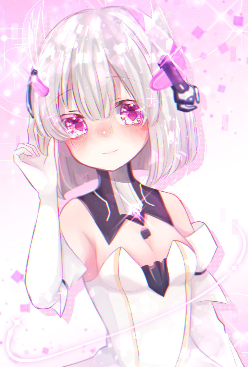 1girl, black_collar, breasts, closed_mouth, collar, detached_collar, dress, elbow_gloves