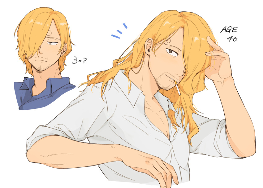 1boy, aged_up, alternate_hair_length, alternate_hairstyle, beard_stubble, blonde_hair, blue_shirt, brown_eyes