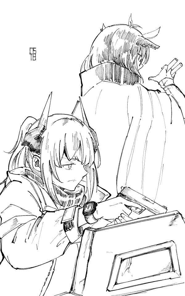 2girls, arknights, between_fingers, closed_mouth, coat, commentary_request, dragon_girl, dragon_horns