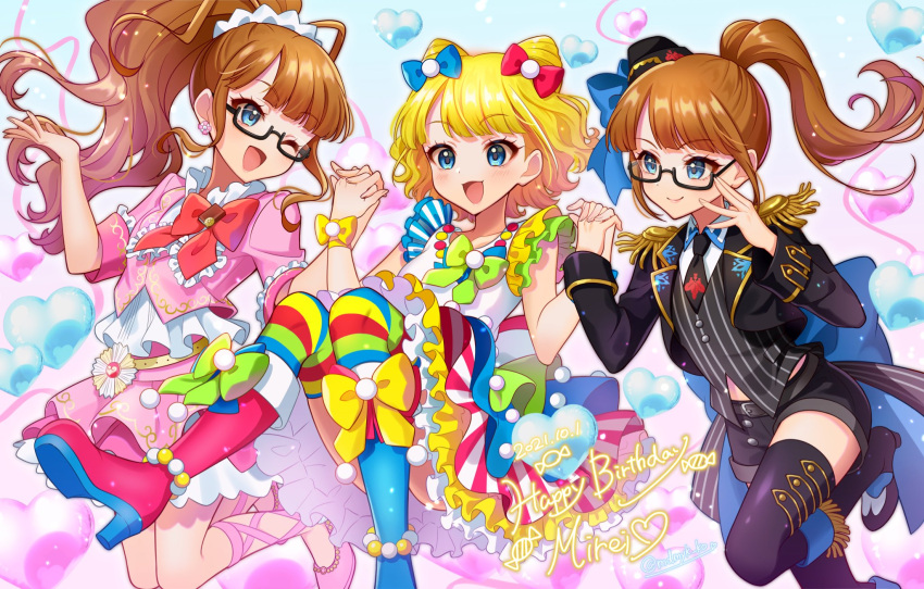 3girls, :d, adjusting_eyewear, black-framed_eyewear, black_jacket, black_necktie, black_shorts, blonde_hair