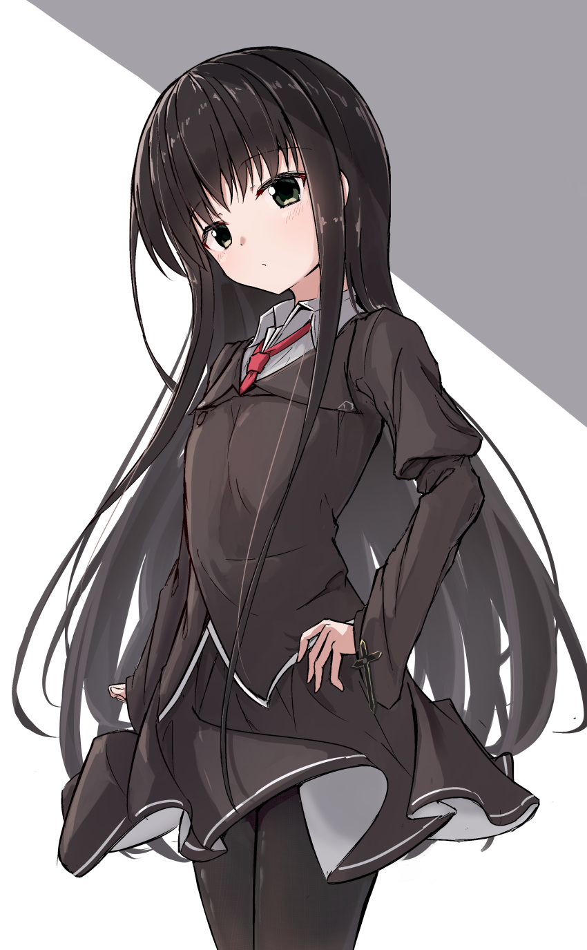 1girl, absurdres, alternate_costume, arm_at_side, black_hair, black_pantyhose, blush, brown_jacket