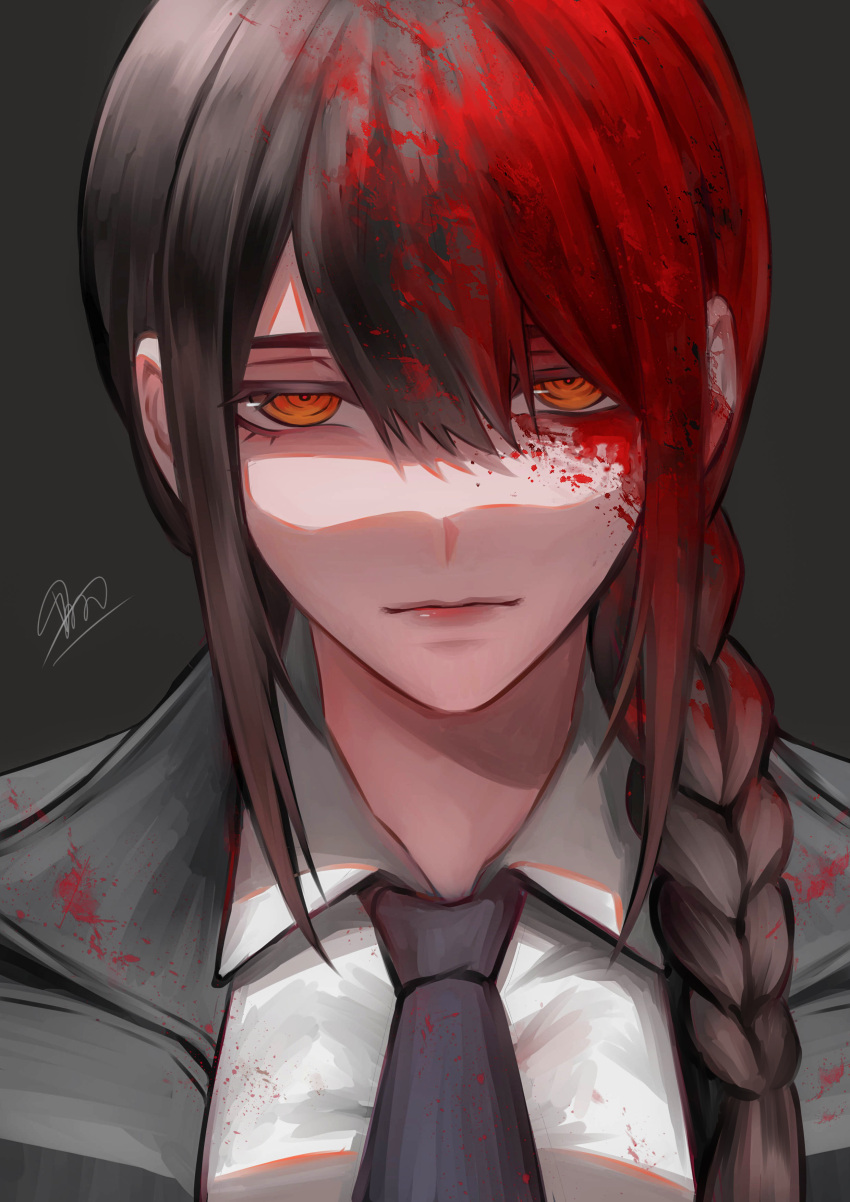 1girl, absurdres, aged_up, asarizer, black_hair, black_necktie, black_suit, blood
