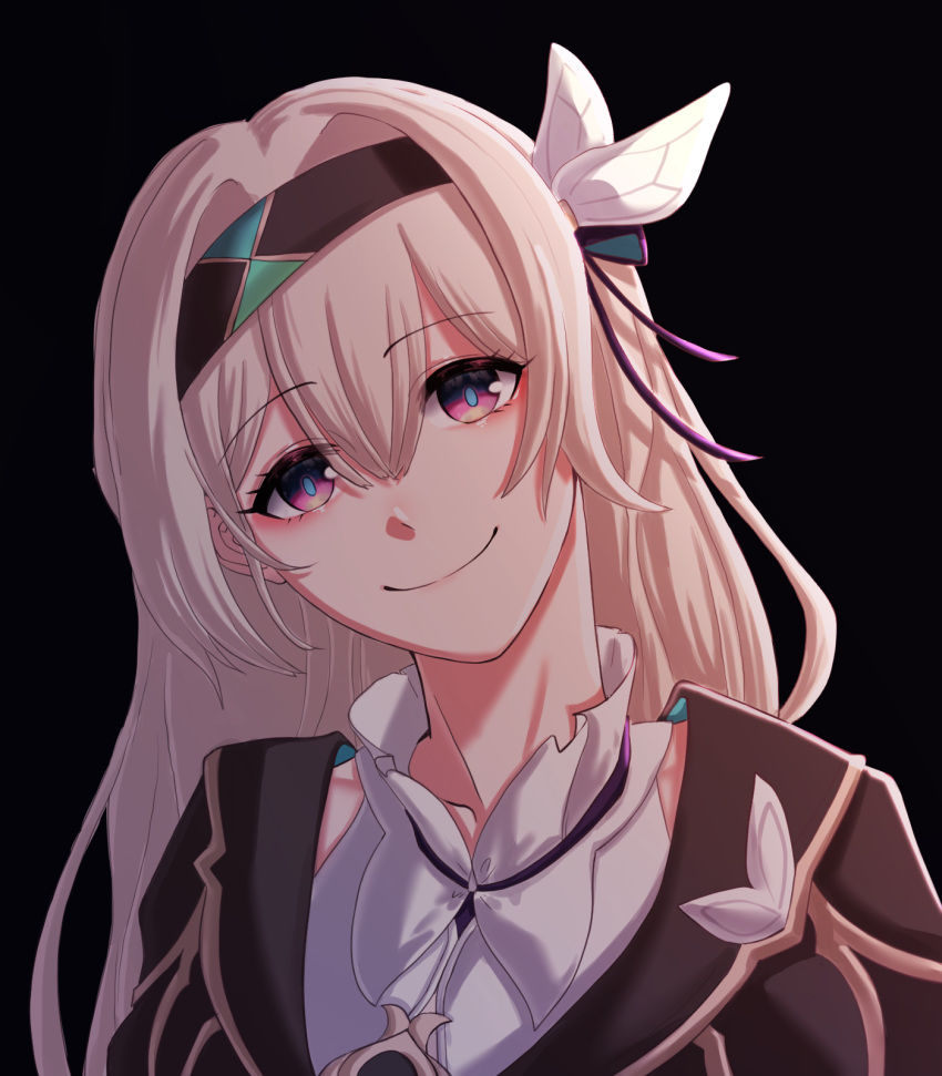 1girl, black_background, black_hairband, black_jacket, blue_pupils, bow, closed_mouth, collarbone