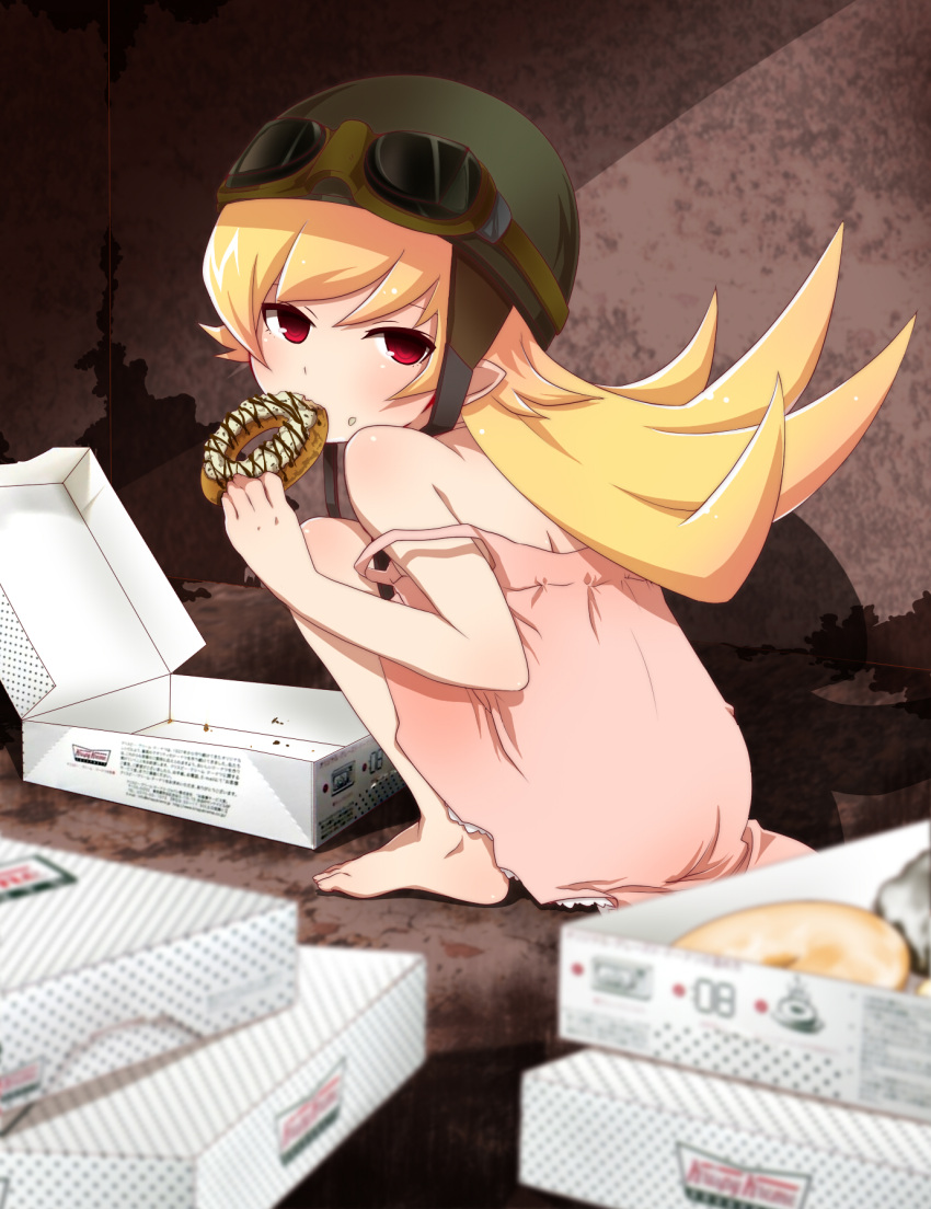 barefoot, blonde_hair, blurry, box, depth_of_field, doughnut, dress, eating, food, goggles, goggles_on_head, hat, helmet, highres, kabushiki_souko, krispy_kreme, long_hair, monogatari_(series), oshino_shinobu, pointy_ears, product_placement, red_eyes, ringed_eyes, squatting, strap_slip, tsurime