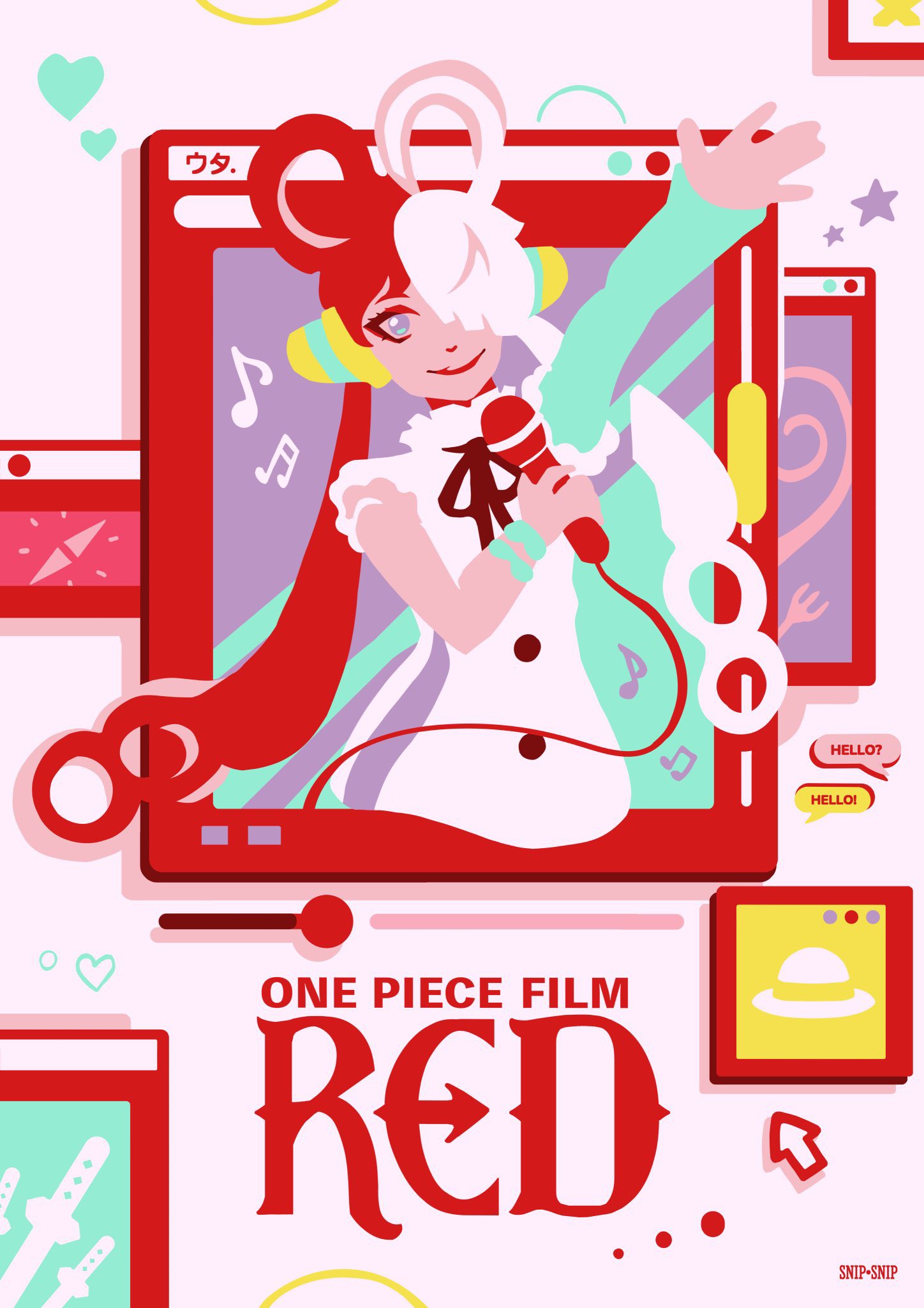 1girl, arm_up, black_ribbon, buttons, commentary, copyright_name, detached_sleeves, dress, hair_over_one_eye, highres, holding, holding_microphone, microphone, multicolored_hair, musical_note, neck_ribbon, one_piece, one_piece_film:_red, redhead, ribbon, smile, snipsnipart, solo, twintails, two-tone_hair, upper_body, uta_(one_piece), white_dress, white_hair