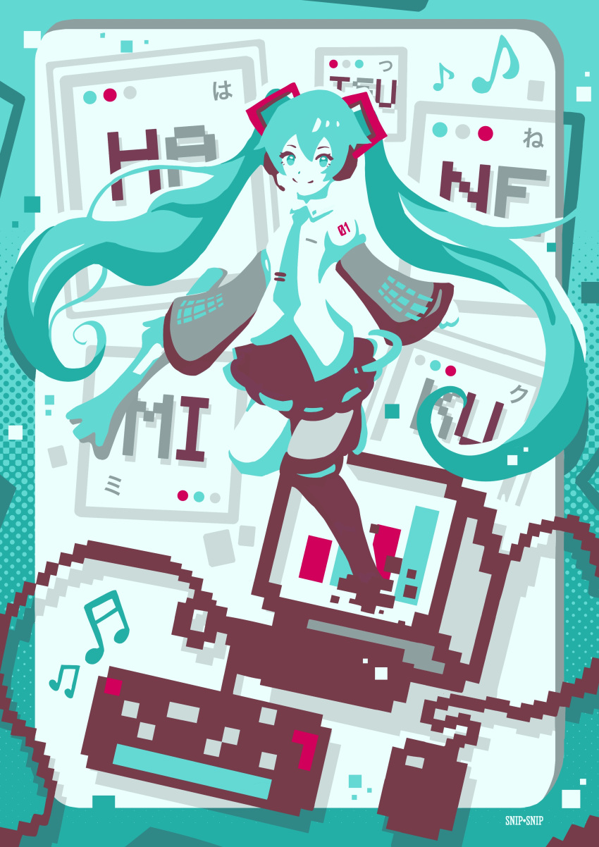 1girl, absurdres, aqua_eyes, aqua_hair, aqua_necktie, character_name, commentary, detached_sleeves, food, hair_ornament, hatsune_miku, headphones, highres, holding, holding_food, holding_spring_onion, holding_vegetable, looking_at_viewer, musical_note, necktie, skirt, smile, snipsnipart, solo, spring_onion, thigh-highs, twintails, vegetable, vocaloid