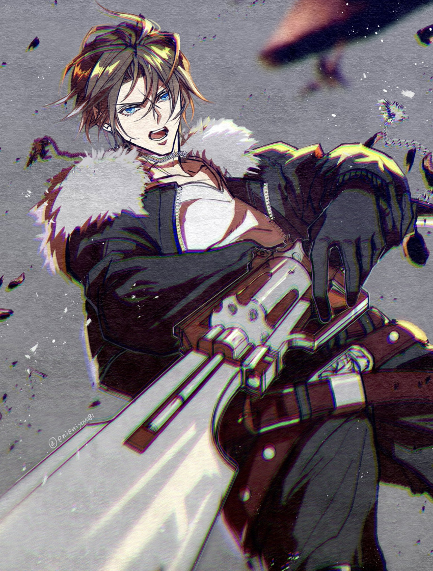 1boy, belt, black_gloves, black_jacket, black_pants, blue_eyes, brown_belt, brown_hair