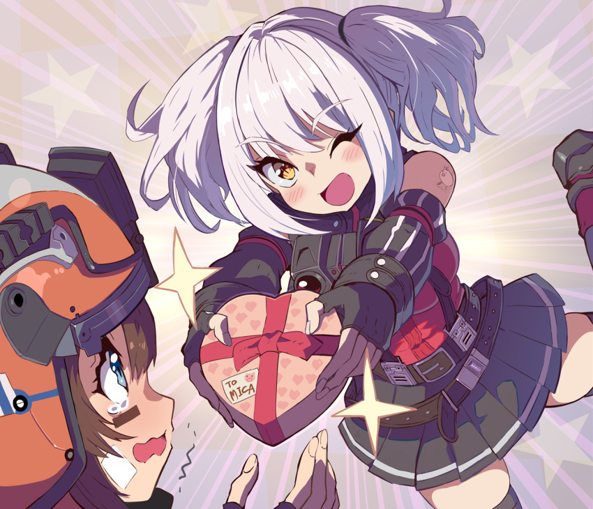 2girls, ;d, arm_tattoo, bandaid, bandaid_on_cheek, bandaid_on_face, bare_shoulders, belorta_(nikke)