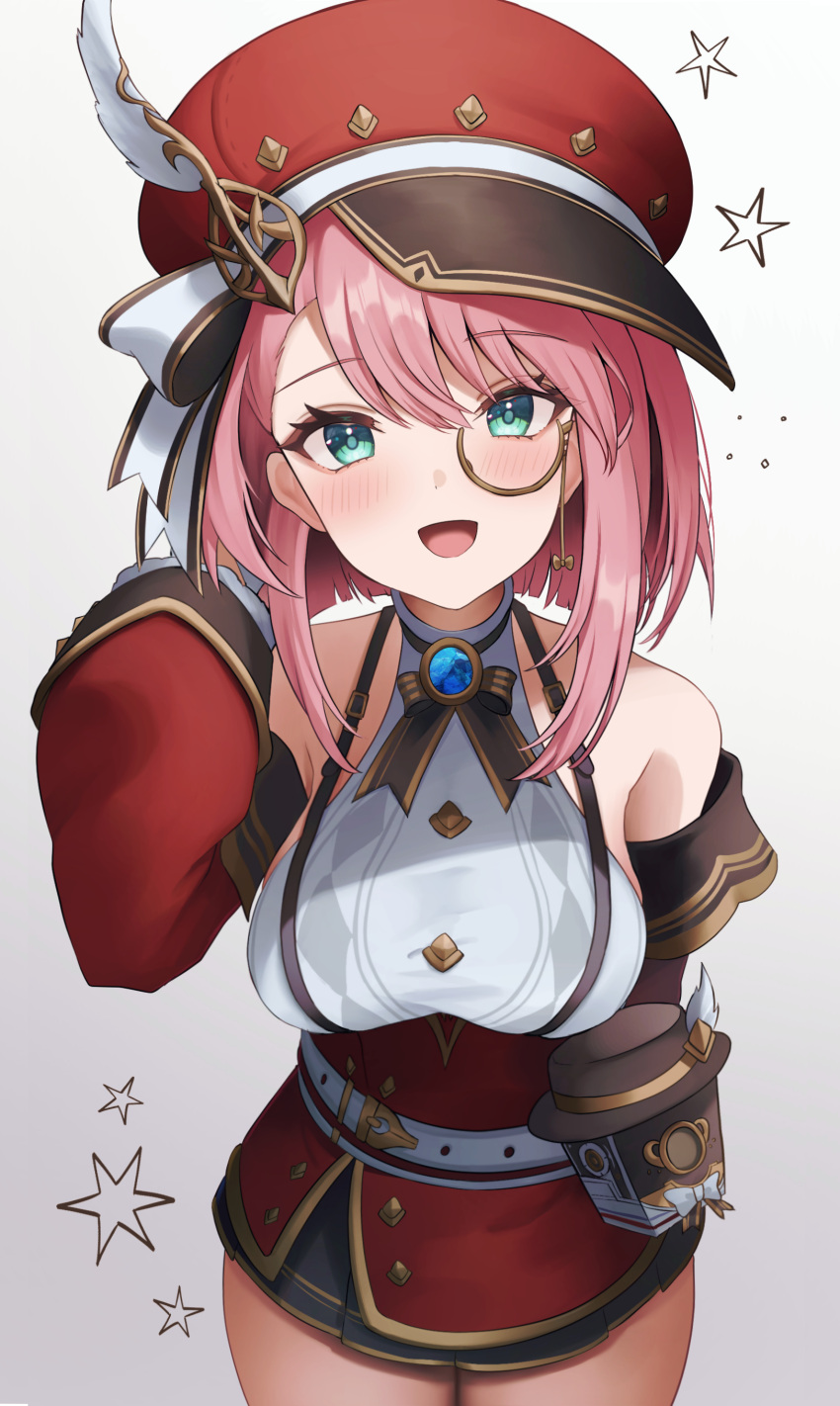 1girl, absurdres, aqua_eyes, belt, blush, cabbie_hat, charlotte_(genshin_impact), detached_sleeves