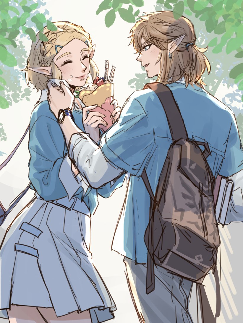 1boy, 1girl, backpack, bag, blue_shirt, blue_skirt, book, braid, closed_eyes, couple, crown_braid, earrings, food, food_on_face, grey_pants, grey_shirt, hair_between_eyes, hair_ornament, hairclip, half_updo, hetero, holding, holding_book, holding_food, jewelry, kurokawa_karasu, link, medium_hair, outdoors, pants, parted_bangs, parted_lips, pleated_skirt, pointy_ears, ponytail, princess_zelda, shirt, shirt_under_shirt, short_hair, sidelocks, sketch, skirt, smile, the_legend_of_zelda, the_legend_of_zelda:_breath_of_the_wild, the_legend_of_zelda:_tears_of_the_kingdom, thick_eyebrows, tree, watch, watch, wiping_face