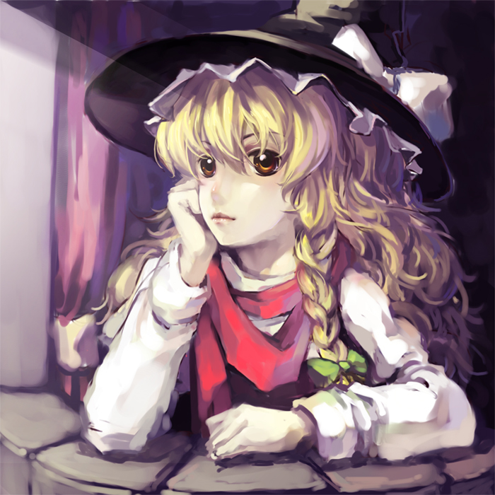 arm_support, blonde_hair, braid, brown_eyes, chin_rest, face, hat, kirisame_marisa