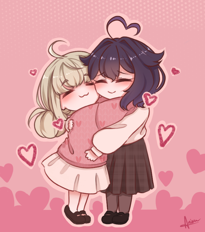 2girls, :3, ahoge, araga_kiwi, arisu_art, black_footwear, blush, brown_footwear