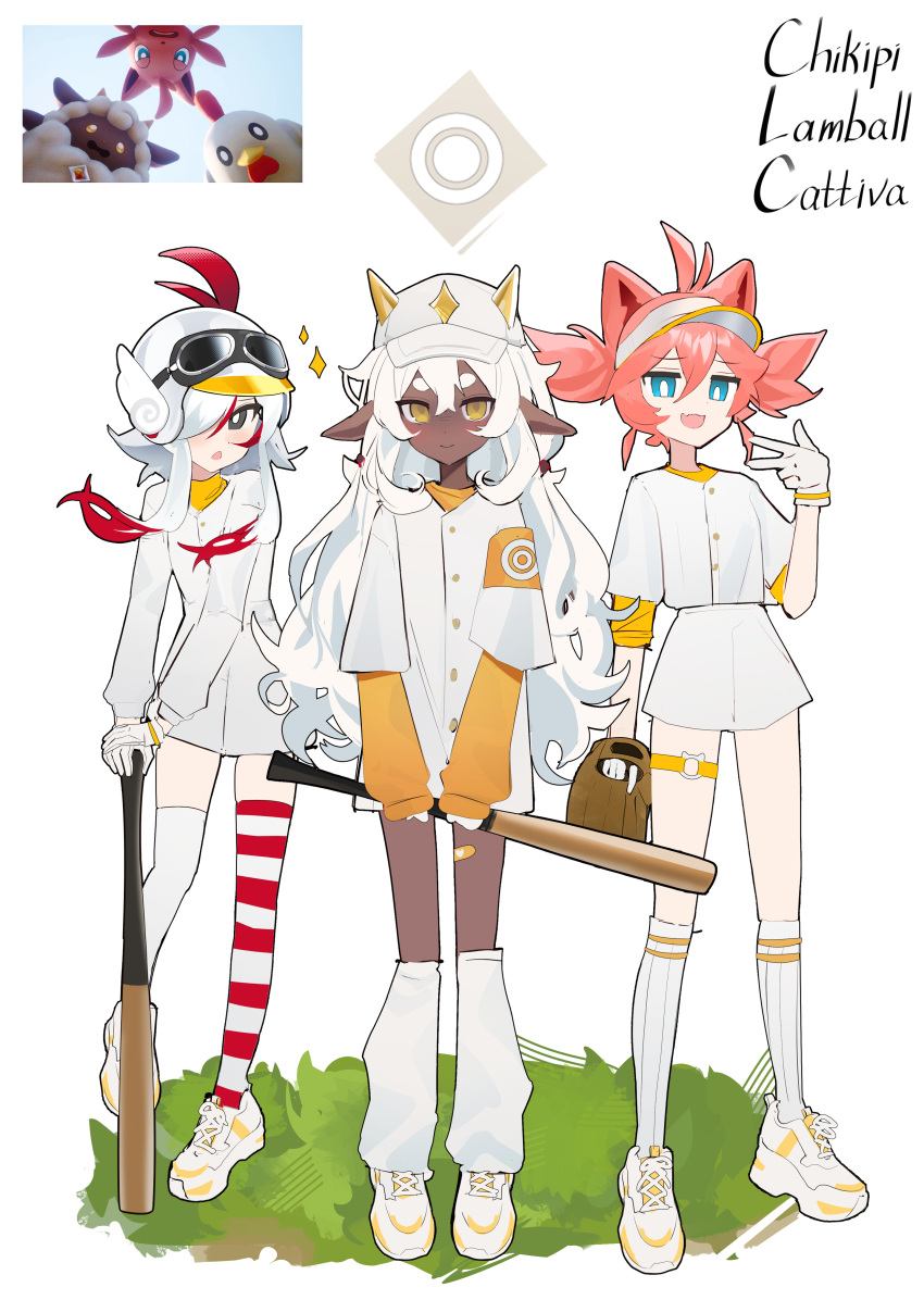 3girls, :d, absurdres, animal_ears, antenna_hair, asymmetrical_legwear, baseball_bat, baseball_cap