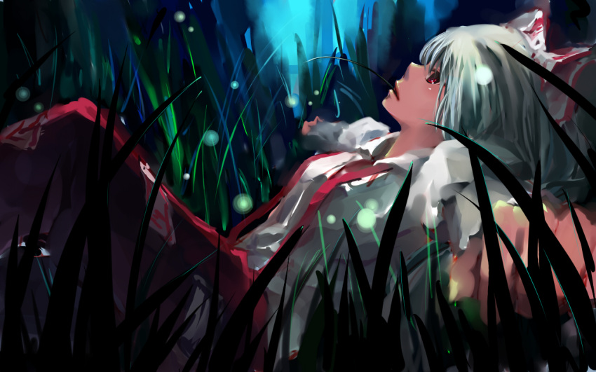 fujiwara_no_mokou, grass, lying, mouth_hold, sankusa, solo, touhou, wallpaper