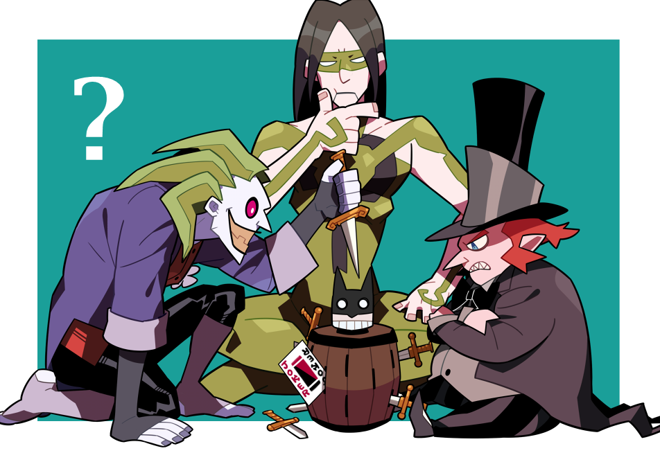 3boys, ?, akira_kira, aqua_background, batman, batman_(series), black_bow, black_bowtie