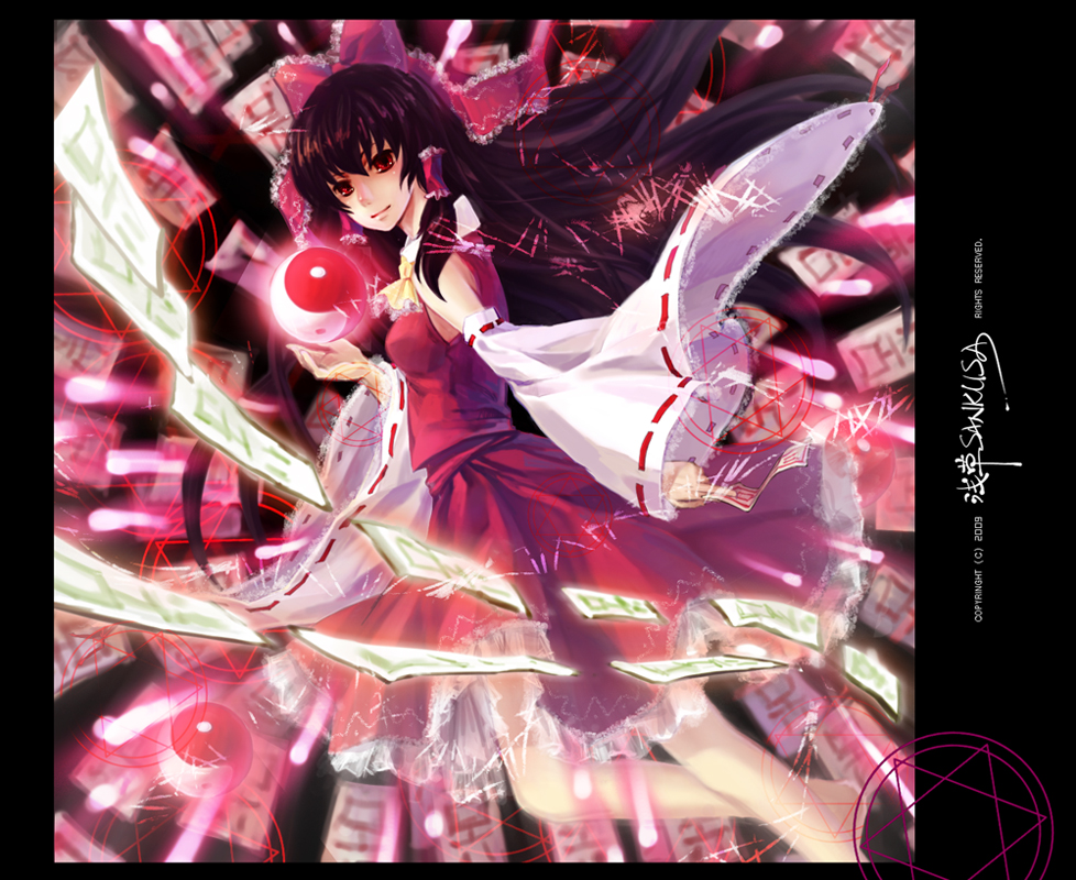 hakurei_reimu, japanese_clothes, long_hair, miko, ofuda, pink, sankusa, solo, touhou, wide_sleeves, yin_yang