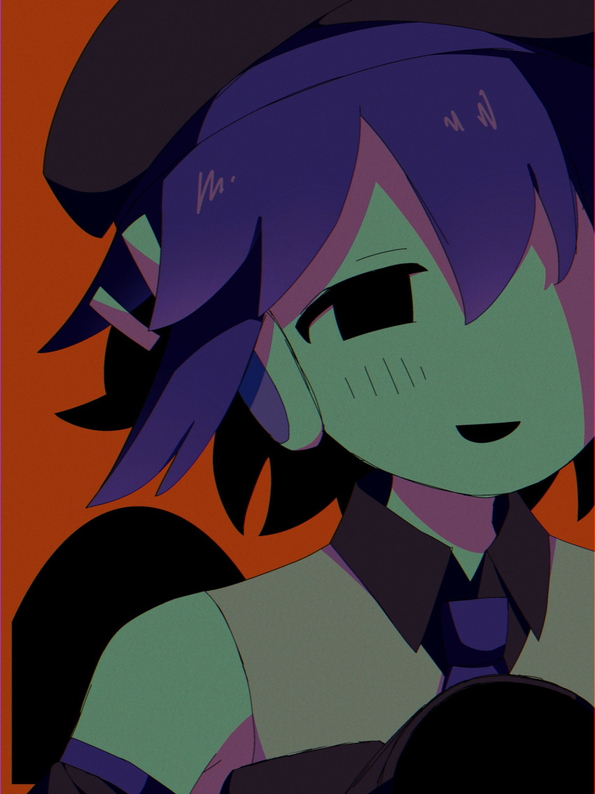 1girl, beret, black_eyes, black_headwear, blush, collared_shirt, commentary, detached_sleeves