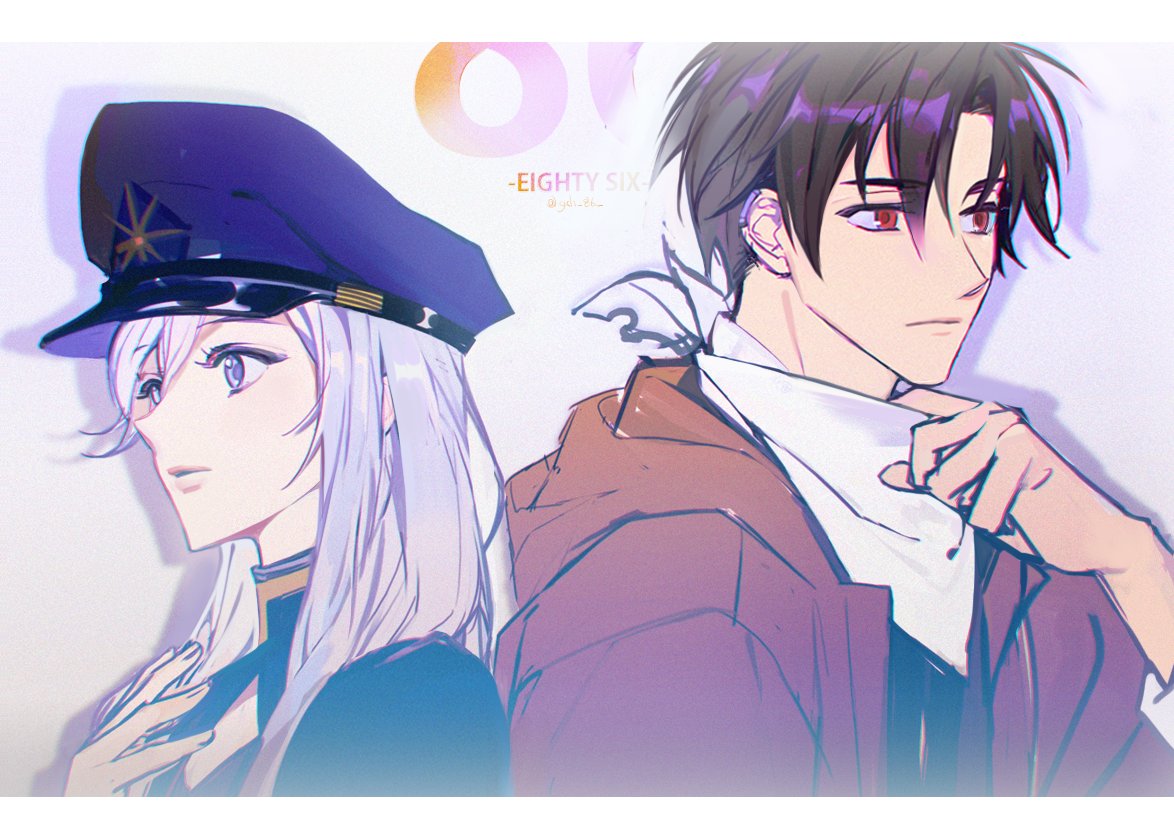 1boy, 2girls, 86_-eightysix-, bandana, black_shirt, brown_hair, brown_jacket, copyright_name