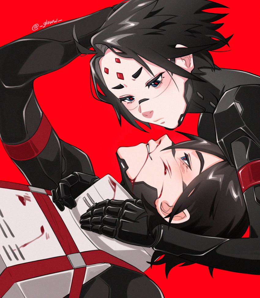 2girls, absurdres, black_hair, black_skin, blood, blue_eyes, bulletproof_vest, colored_skin