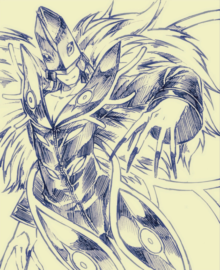 1boy, algomon_perfect, digimon, digimon_(creature), expressionless, highres, kt46mn, long_hair, male_focus, mask, muscular, muscular_male, nail, solo