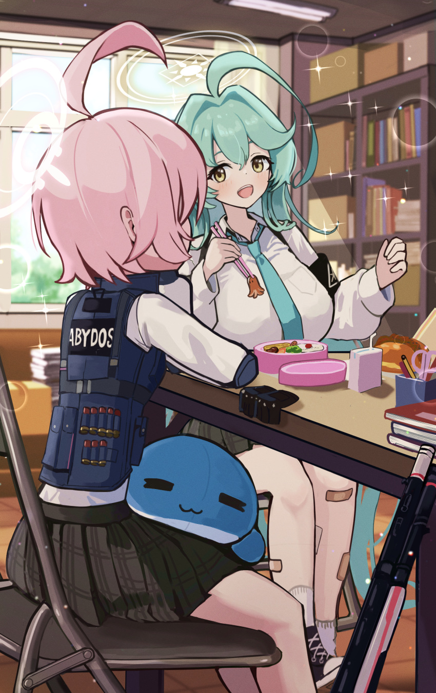 2girls, absurdres, ahoge, black_skirt, blue_archive, blue_necktie, blush, collared_shirt