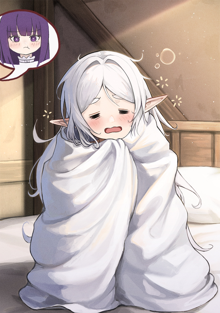 2girls, bed, blanket, closed_eyes, covering_with_blanket, elf, fern, frieren