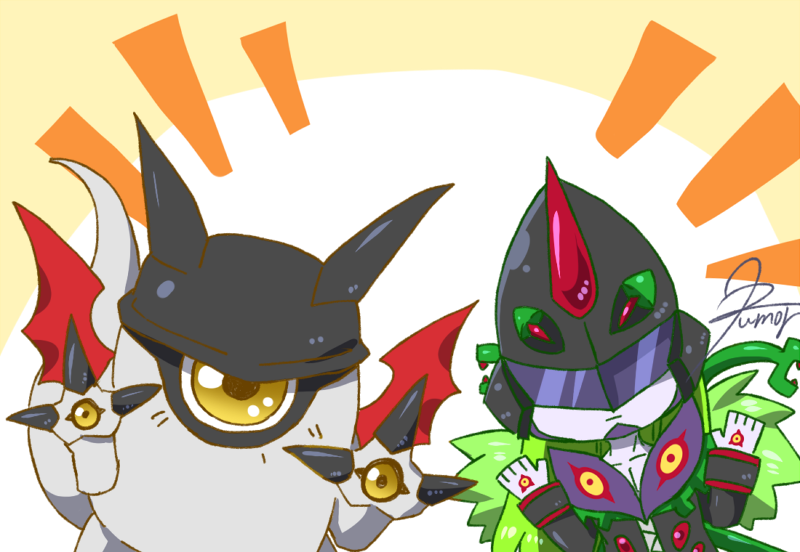 algomon_perfect, chibi, covered_eyes, deathmon, demon, demon_wings, digimon, digimon_(creature)