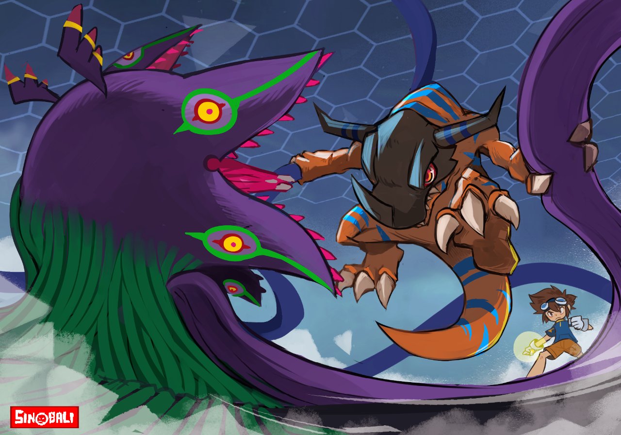 algomon_adult, antennae, claws, digimon, digivice, fighting, greymon, horns