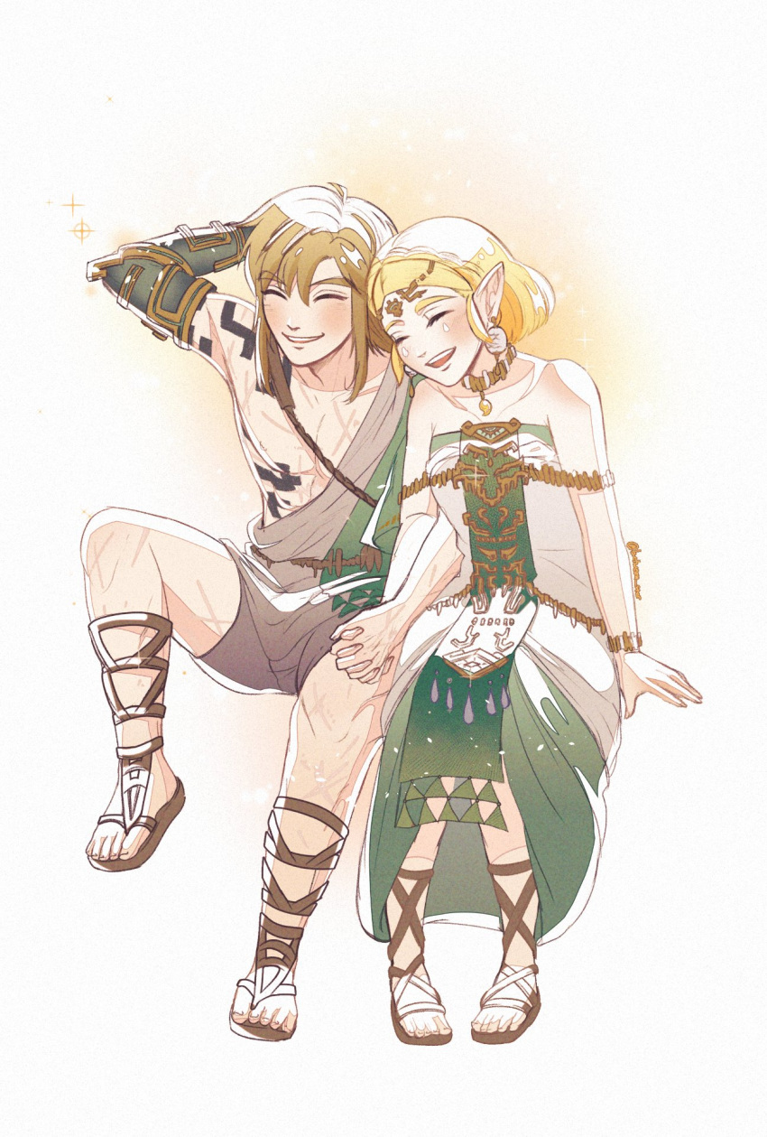 1boy, 1girl, arm_behind_head, bare_shoulders, battle_scarred, blonde_hair, blush, bracelet