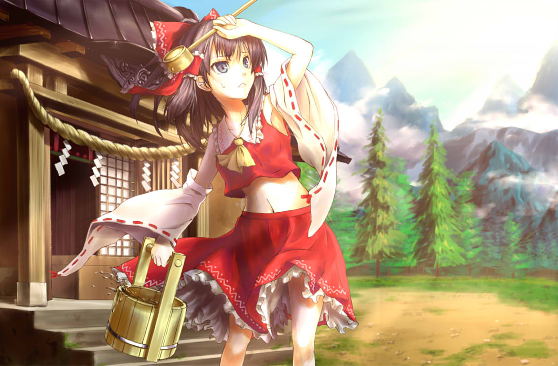 blue_eyes, bow, brown_hair, bucket, detached_sleeves, hair_bow, hakurei_reimu, hishaku, hot, japanese_clothes, ken_(fkenorat), ken_(pixiv), ladle, shide, shimenawa, shrine, solo, sweatdrop, touhou, water