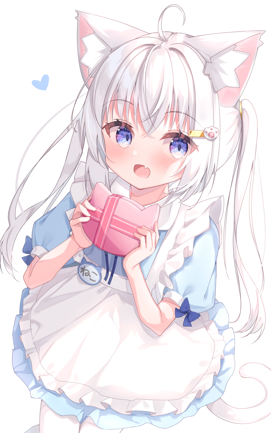 1girl, ahoge, animal_ear_fluff, animal_ears, apron, blue_dress, blue_eyes, blush, box, box_of_chocolates, cat-shaped_box, cat_ears, cat_girl, cat_tail, dress, fang, frilled_apron, frills, hair_ornament, hairclip, heart, highres, looking_at_viewer, maid, matchanear, open_mouth, original, pantyhose, puffy_short_sleeves, puffy_sleeves, short_dress, short_sleeves, simple_background, solo, tail, twintails, valentine, white_apron, white_background, white_hair, white_pantyhose