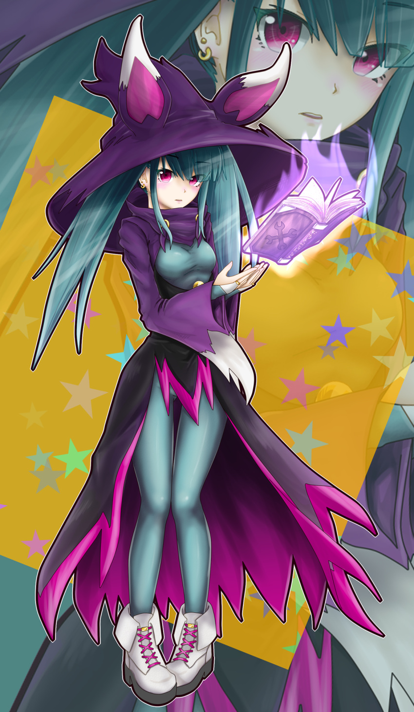 1girl, animal_ear_headwear, ankle_boots, aqua_bodysuit, aqua_hair, ass_visible_through_thighs, bodysuit, book, boots, breasts, earrings, eiharu_ginhara, eyes_visible_through_hair, floating, floating_book, floating_object, fold-over_boots, full_body, hat, highres, jewelry, katress_(palworld), long_hair, long_sleeves, medium_breasts, multiple_earrings, open_mouth, outline, palworld, personification, pigeon-toed, pink_eyes, pink_trim, purple_headwear, purple_sleeves, solo, standing, star_(symbol), teeth, upper_teeth_only, white_footwear, white_outline, wide_sleeves, witch_hat, zoom_layer