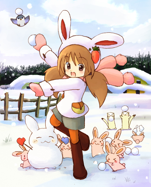 bird, brown_hair, bunny, bunny_ears, eijima_moko, mittens, original, pantyhose