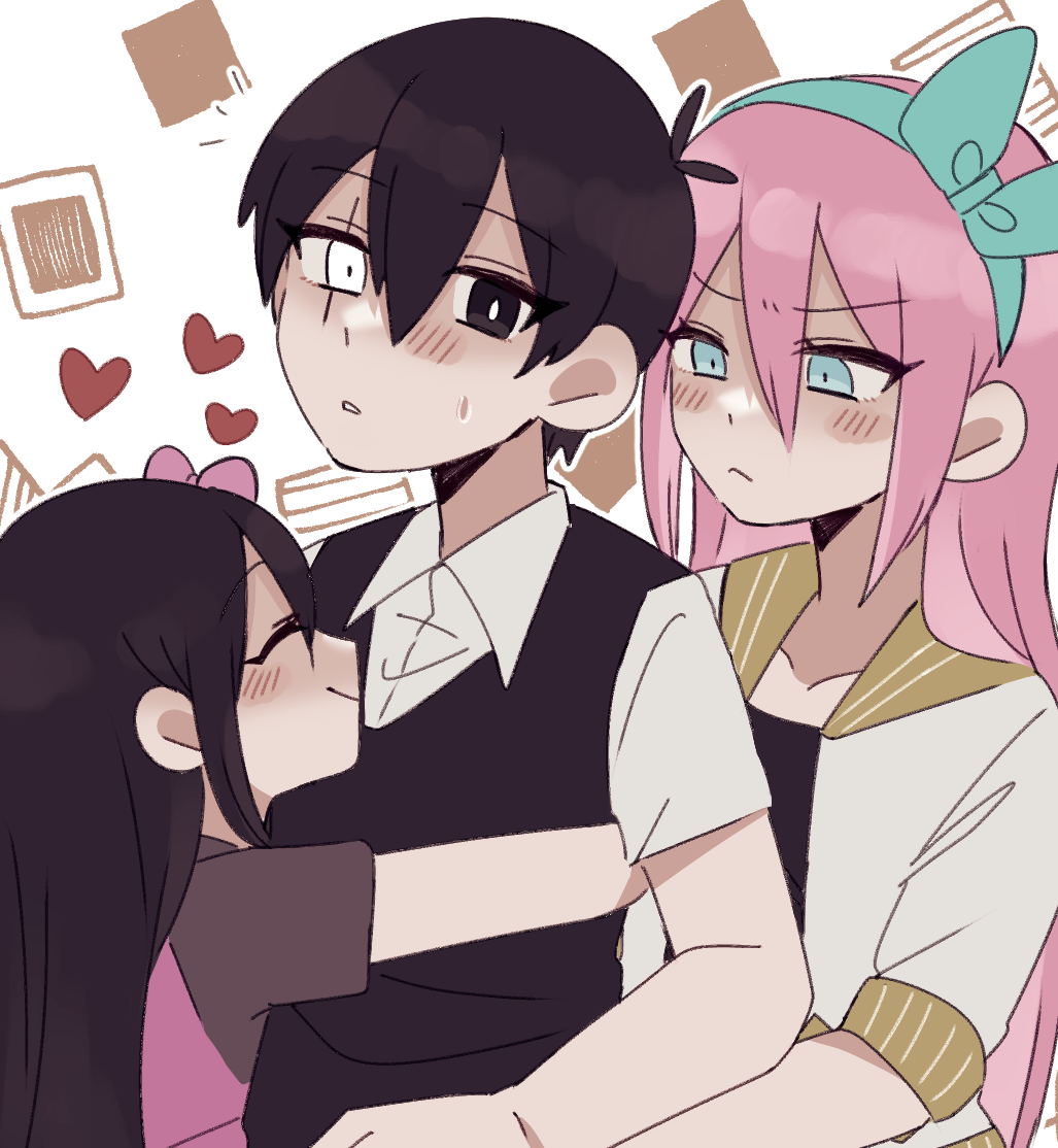 1boy, 2girls, :<, age_comparison, andou_(sino_spkt), antenna_hair, aqua_eyes, aqua_headband, aqua_headwear, aubrey_(faraway)_(omori), aubrey_(omori), black_eyes, black_hair, black_shirt, black_sweater_vest, blush, bow, closed_eyes, closed_mouth, collared_shirt, dual_persona, hair_between_eyes, hair_bow, headband, heart, heterochromia, hug, jacket, long_hair, multiple_girls, official_alternate_eye_color, omori, open_clothes, open_jacket, parted_lips, pink_bow, pink_hair, sailor_collar, shaded_face, shirt, short_hair, short_sleeves, smile, sunny_(omori), sweatdrop, sweater_vest, white_eyes, white_jacket, white_shirt, yellow_sailor_collar