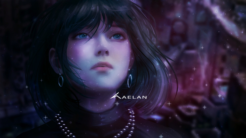1girl, absurdres, bead_necklace, beads, black_hair, blunt_bangs, commentary_request, earrings