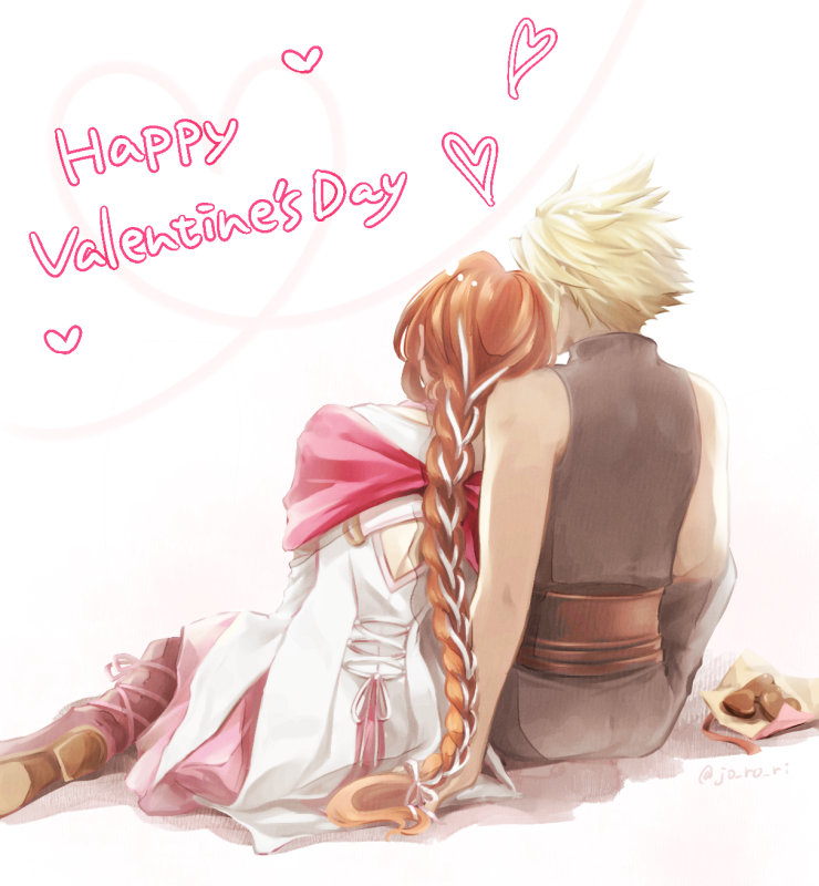 1boy, 1girl, aerith_gainsborough, aerith_gainsborough_(floral_gown), back_cutout, bare_shoulders, belt, blonde_hair
