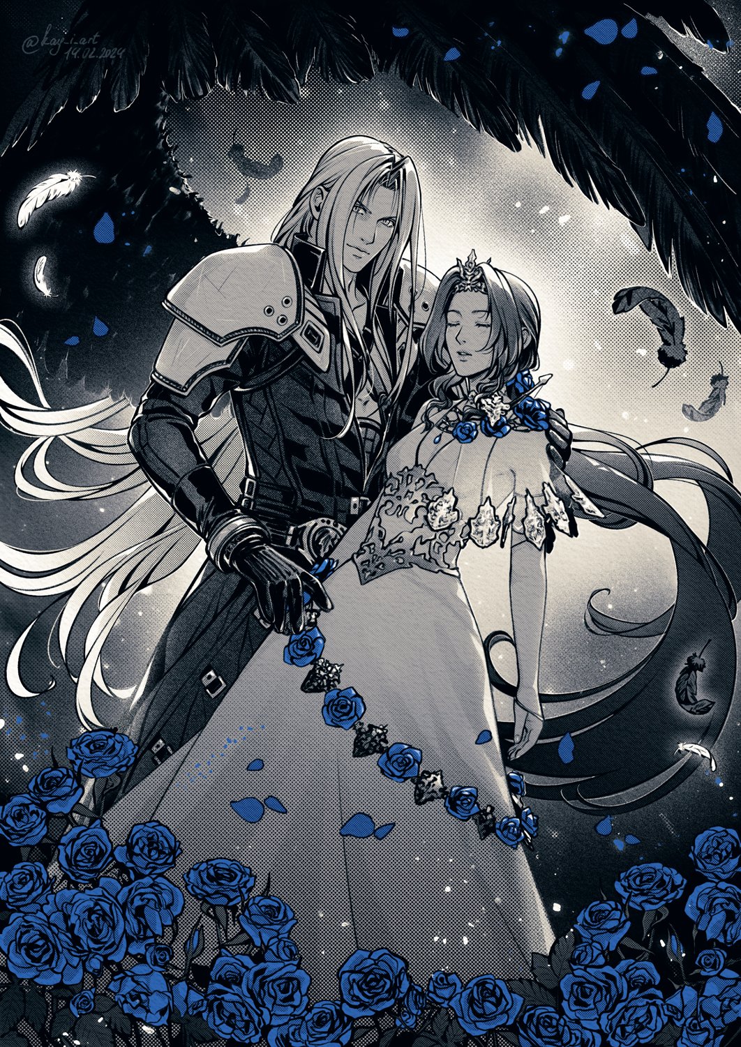 1boy, 1girl, aerith_gainsborough, aerith_gainsborough_(prism_dress), armor, bangle, black_coat, black_feathers