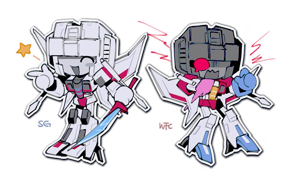 arm_cannon, chibi, chinese_commentary, decepticon, dual_persona, mecha, no_humans, one_eye_closed