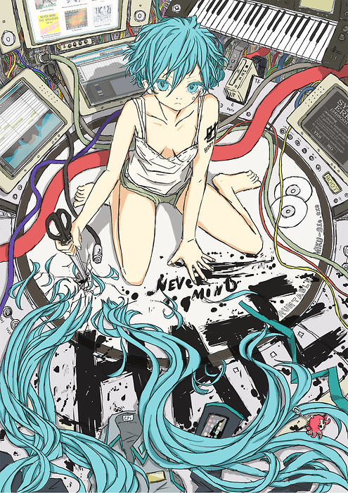 alternate_hairstyle, angry, arakawa_(aintnoroom), bad_id, bare_shoulders, barefoot, blue_eyes, blue_hair