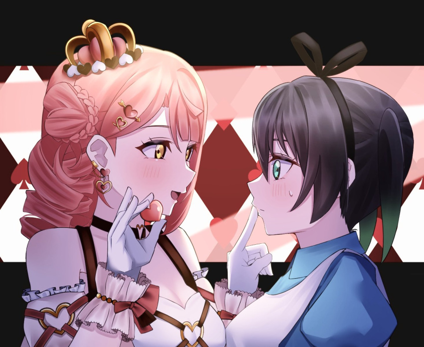 2girls, alice_(alice_in_wonderland), alice_(alice_in_wonderland)_(cosplay), ame_(user_xnsx2337), apron, black_hair, black_hairband, blue_dress, commentary, commentary_request, cosplay, crown, dress, drill_hair, earrings, finger_to_another's_mouth, from_side, gloves, gradient_hair, green_eyes, green_hair, hair_bun, hairband, heart, heart_earrings, highres, holding, jewelry, looking_at_another, love_live!, love_live!_nijigasaki_high_school_idol_club, medium_hair, multicolored_hair, multiple_girls, open_mouth, pink_hair, single_side_bun, sweat, swept_bangs, takasaki_yuu, twintails, uehara_ayumu, upper_body, valentine, white_apron, white_gloves, yellow_eyes, yuri