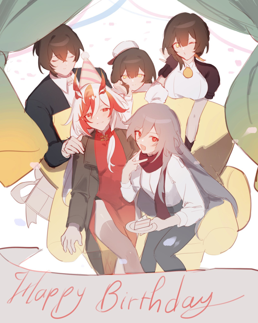 5girls, alternate_costume, alternate_hairstyle, black_coat, black_gloves, black_jacket, black_pants, black_sleeves