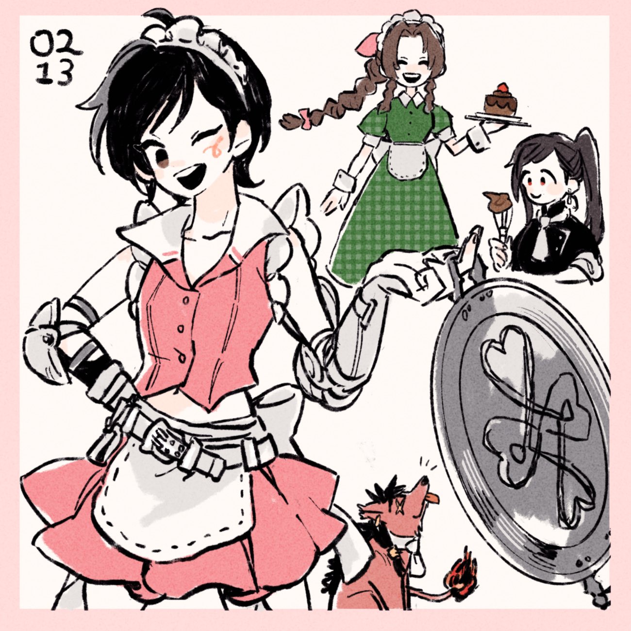1boy, 3girls, aerith_gainsborough, alternate_costume, animal, apron, bare_shoulders, black_hair, braid, braided_ponytail, breasts, brown_eyes, closed_mouth, collared_shirt, cowboy_shot, dated, dress, elbow_pads, final_fantasy, final_fantasy_vii, final_fantasy_vii_ever_crisis, flame-tipped_tail, green_dress, hair_ribbon, hand_on_own_hip, highres, holding, holding_plate, long_hair, maid_headdress, medium_breasts, midriff, multiple_girls, navel, necktie, nobu_(25mark), official_alternate_costume, one_eye_closed, open_mouth, orange_fur, parted_bangs, pink_ribbon, pink_shirt, pink_skirt, plate, pleated_skirt, ponytail, puffy_short_sleeves, puffy_sleeves, red_xiii, ribbon, scar, scar_across_eye, shirt, short_hair, short_sleeves, sidelocks, single_braid, skirt, sleeves_rolled_up, smile, tifa_lockhart, tongue, tongue_out, waist_apron, white_necktie, wrist_cuffs, yuffie_kisaragi, yuffie_kisaragi_(sparkling_skater)