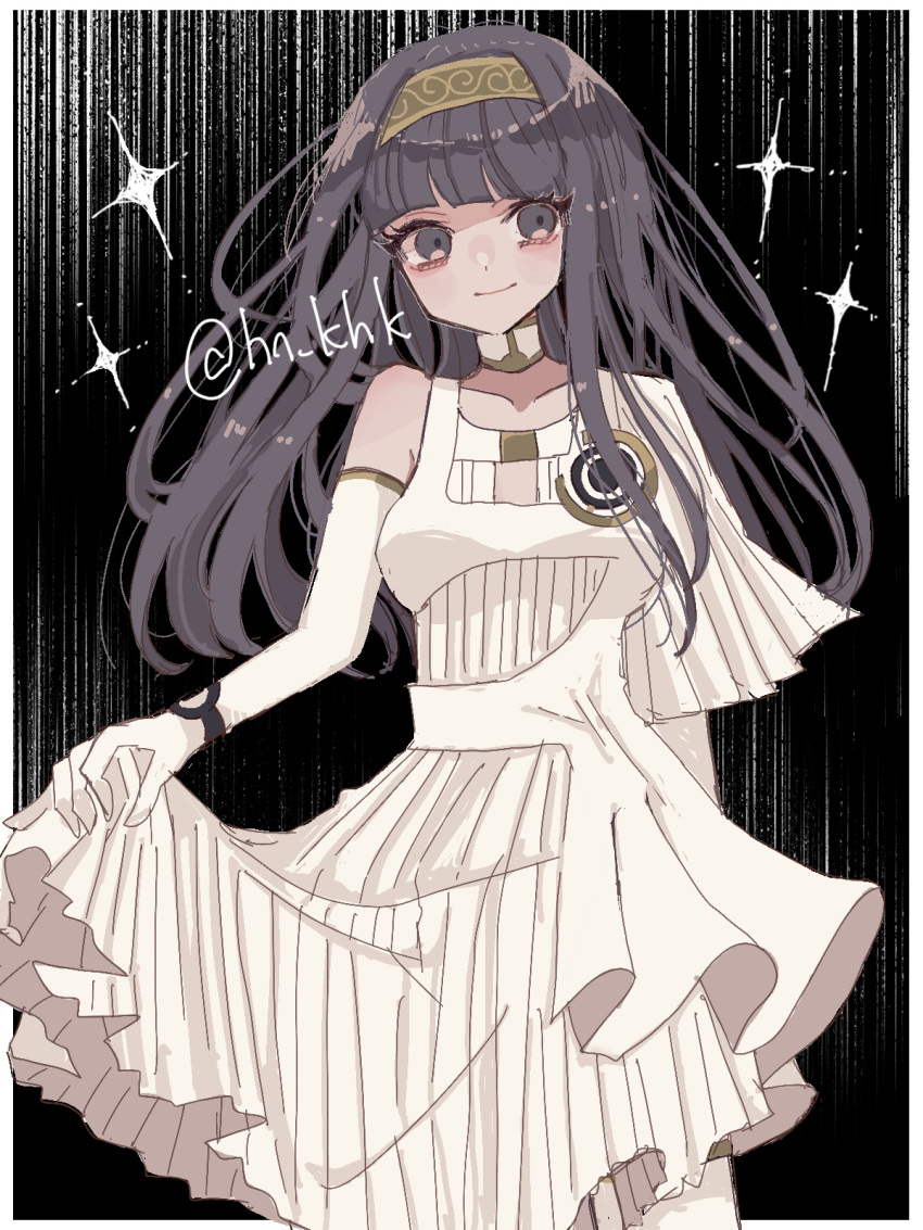 artist_name, black_eyes, black_hair, blunt_bangs, detached_collar_removed, dress, gloves, gnosia, hairband, han_(hn-khk), highres, hime_cut, looking_at_viewer, simple_background, smile, solo, straight_hair, white_background, white_dress, white_gloves, yuriko_(gnosia)