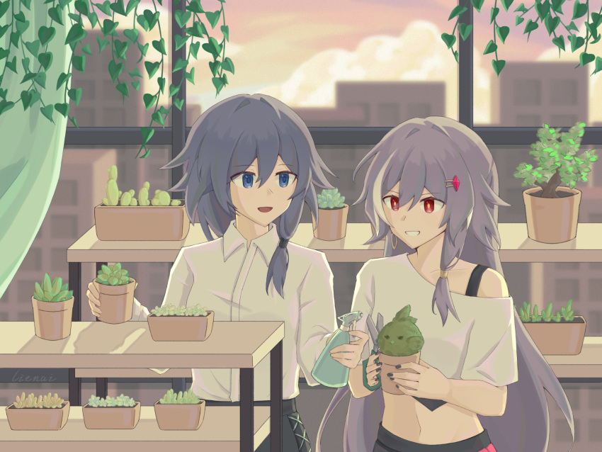 2girls, alternate_costume, black_shorts, black_skirt, black_sports_bra, blanket, blue_eyes, blue_hair