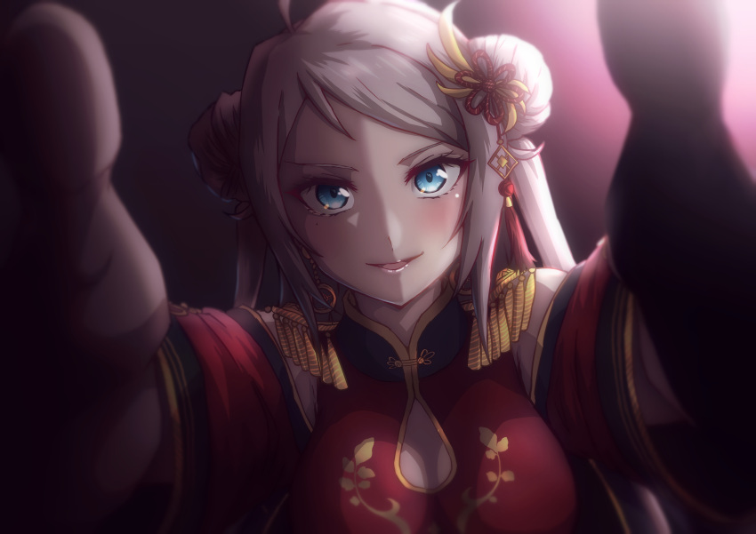 1girl, absurdres, ahoge, black_gloves, blue_eyes, cleavage_cutout, clothing_cutout, commentary